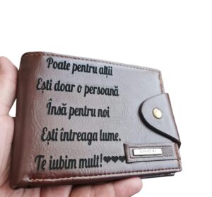 Portofel Personalizat 'Poate pentru altii', barbati, piele , cu capsa, maro