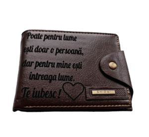 Portofel Personalizat 'Poate pentru lume', barbati, piele, cu capsa, maro