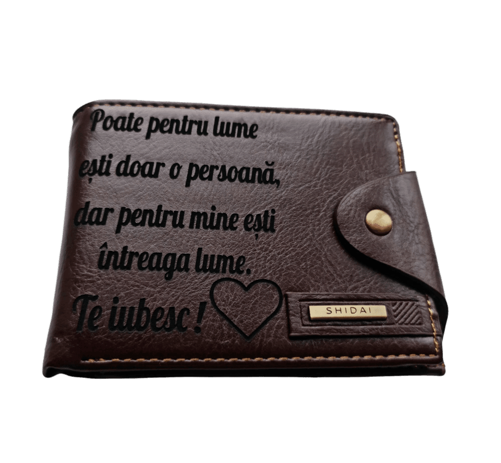 Portofel Personalizat 'Poate pentru lume', barbati, piele, cu capsa, maro