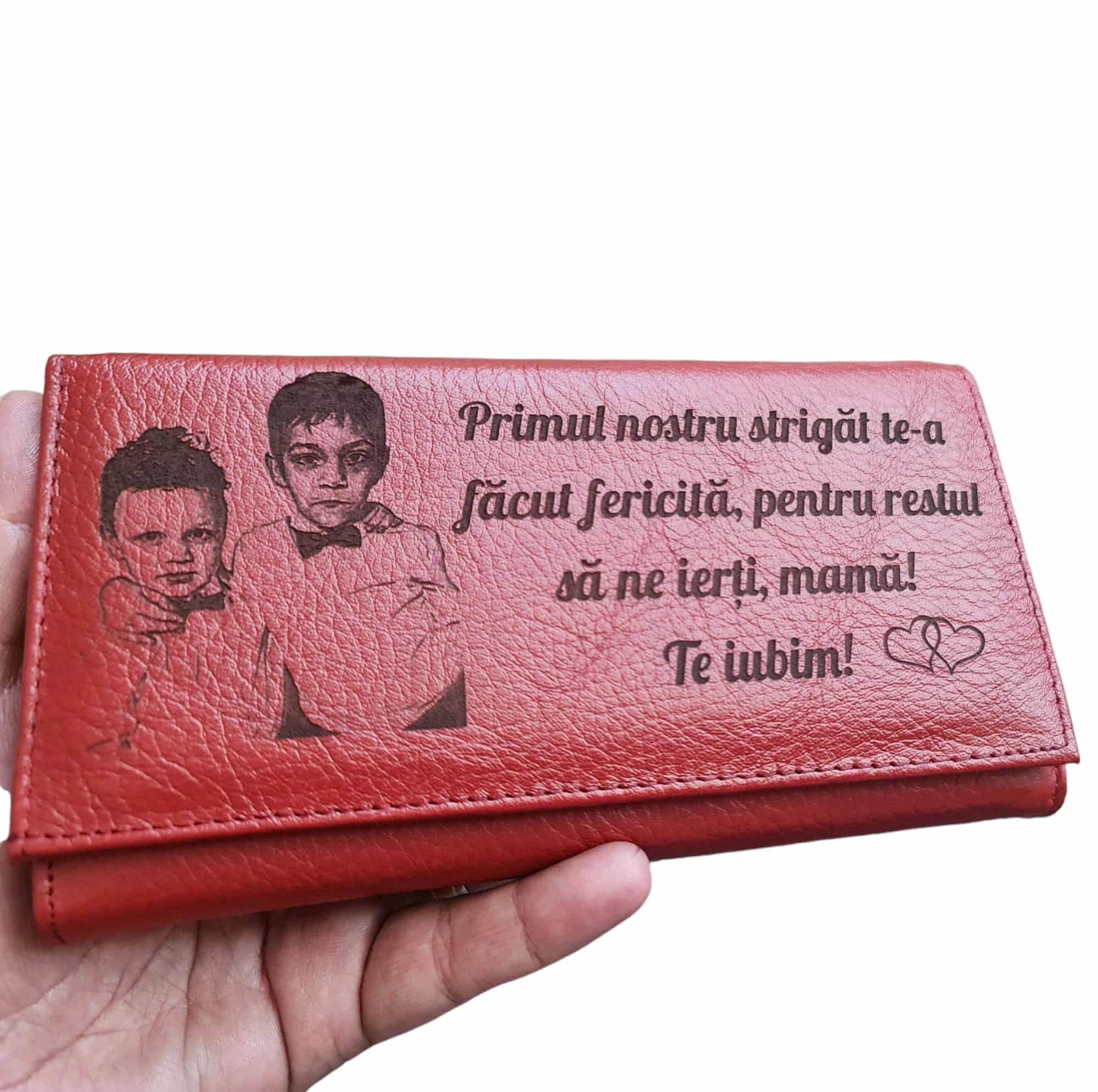 Portofel Personalizat 'Primul nostru strigat', dama, piele naturala, rosu