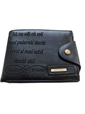 Portofel Personalizat 'Sa nu uiti ca esti', barbati, piele, cu capsa, negru