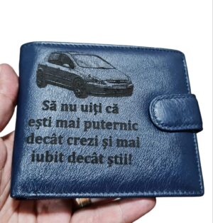 Portofel Personalizat 'Sa nu uiti ca esti mai puternic', barbati, piele naturala, cu capsa, albastru