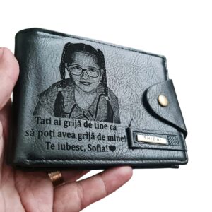 Portofel Personalizat 'Tati ai grija de tine 2', barbati, piele , cu capsa, negru