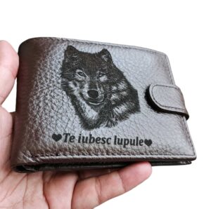 Portofel Personalizat 'Te iubesc lupule', barbati, piele naturala , maro