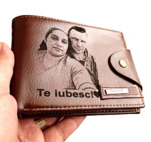 Portofel Personalizat 'Te iubesc pemb', barbati, piele , cu capsa, maro