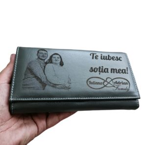 Portofel Personalizat 'Te iubesc sotia mea', dama, piele naturala, negru