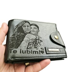 Portofel Personalizat 'Te iubim', barbati, piele , cu capsa, negru