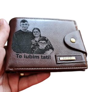 Portofel Personalizat 'Te iubim tati pemb', barbati, piele, cu capsa, maro