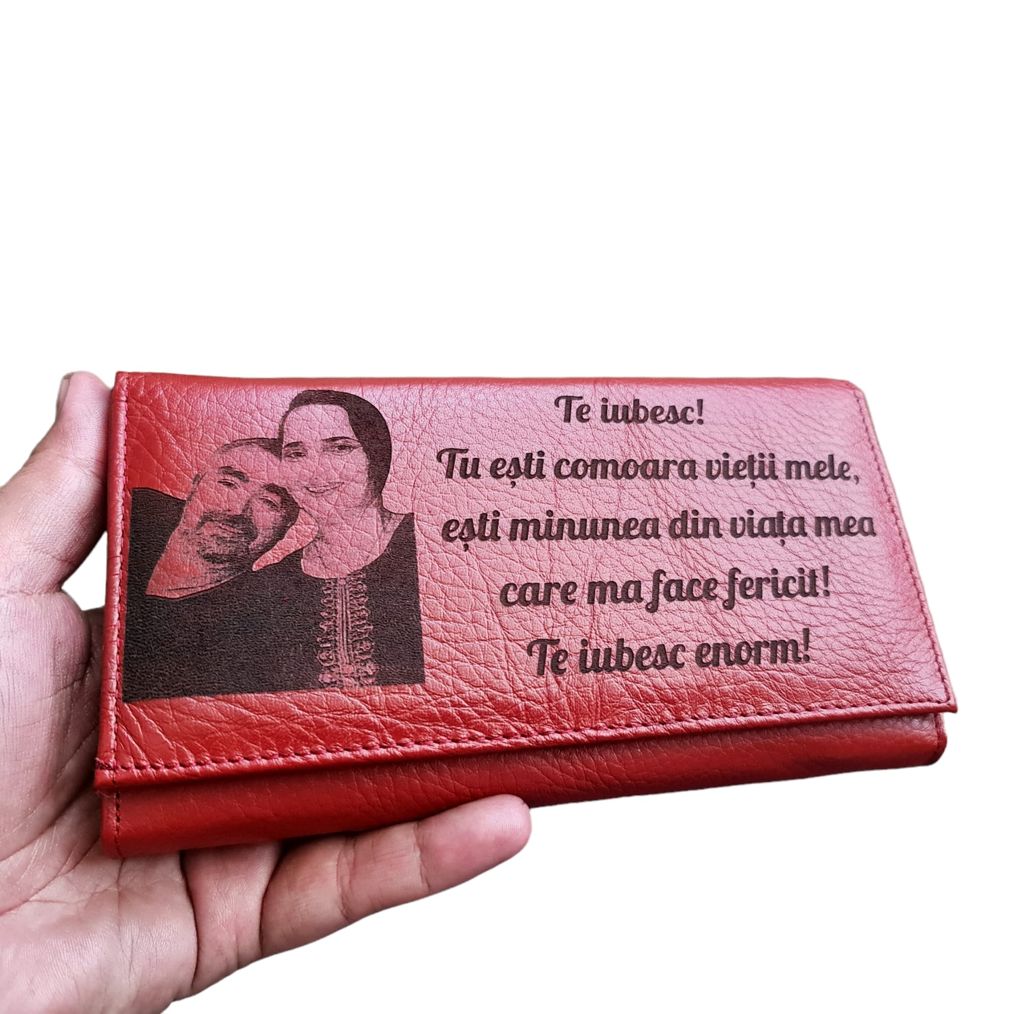 Portofel Personalizat 'Tu esti comoara', dama, piele naturala, rosu