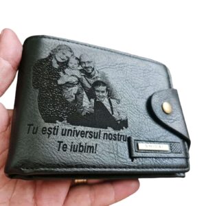 Portofel Personalizat 'Tu esti universul nostru', barbati, piele , cu capsa, negru