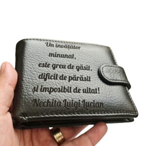 Portofel Personalizat 'Un invatator minunat', barbati, piele naturala , negru
