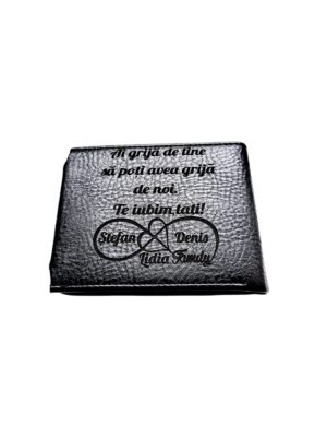 Portofel Personalizat 'Ai grija', barbati, piele , cu capsa, negru