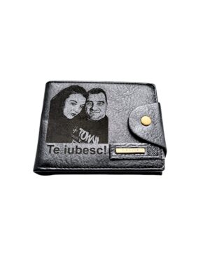 Portofel Personalizat cu poza e8, barbati, piele , cu capsa, negru