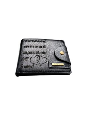 Portofel Personalizat 'Esti persoana', barbati, piele , cu capsa, negru