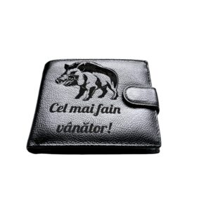 Portofel Personalizat 'Fain vanator', barbati, piele naturala , negru