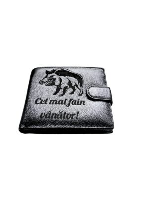 Portofel Personalizat 'Fain vanator', barbati, piele naturala , negru