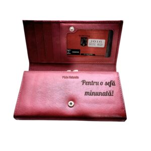 Portofel Personalizat 'Sefa minunata', dama, piele naturala, rosu