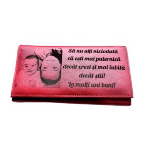 Portofel Personalizat 'La multi ani rd', dama, piele naturala, rosu