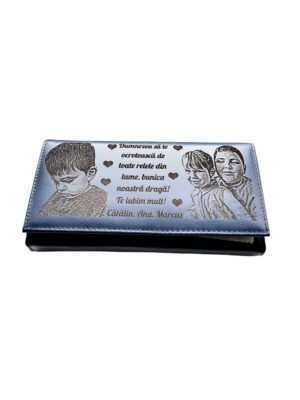 Portofel Personalizat 'Bunica noastra' , dama, piele naturala, albastru