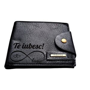 Portofel Personalizat 'Te iubesc penb', barbati, piele , cu capsa, negru