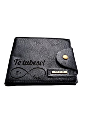 Portofel Personalizat 'Te iubesc penb', barbati, piele , cu capsa, negru