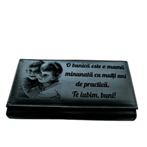 Portofel Personalizat 'O bunica', dama, piele naturala, negru