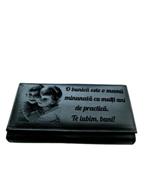 Portofel Personalizat 'O bunica', dama, piele naturala, negru