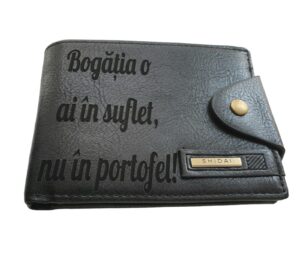 Portofel Personalizat 'Bogatia o ai in suflet', barbati, piele , cu capsa, negru