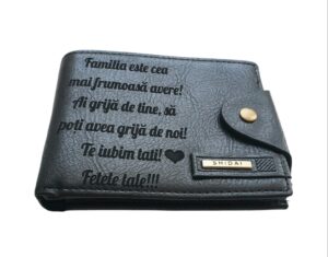 Portofel Personalizat 'Familia este cea mai frumoasa', barbati, piele , cu capsa, negru