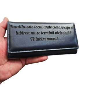 portofel dama personalizat albastru cu text Viata incepe