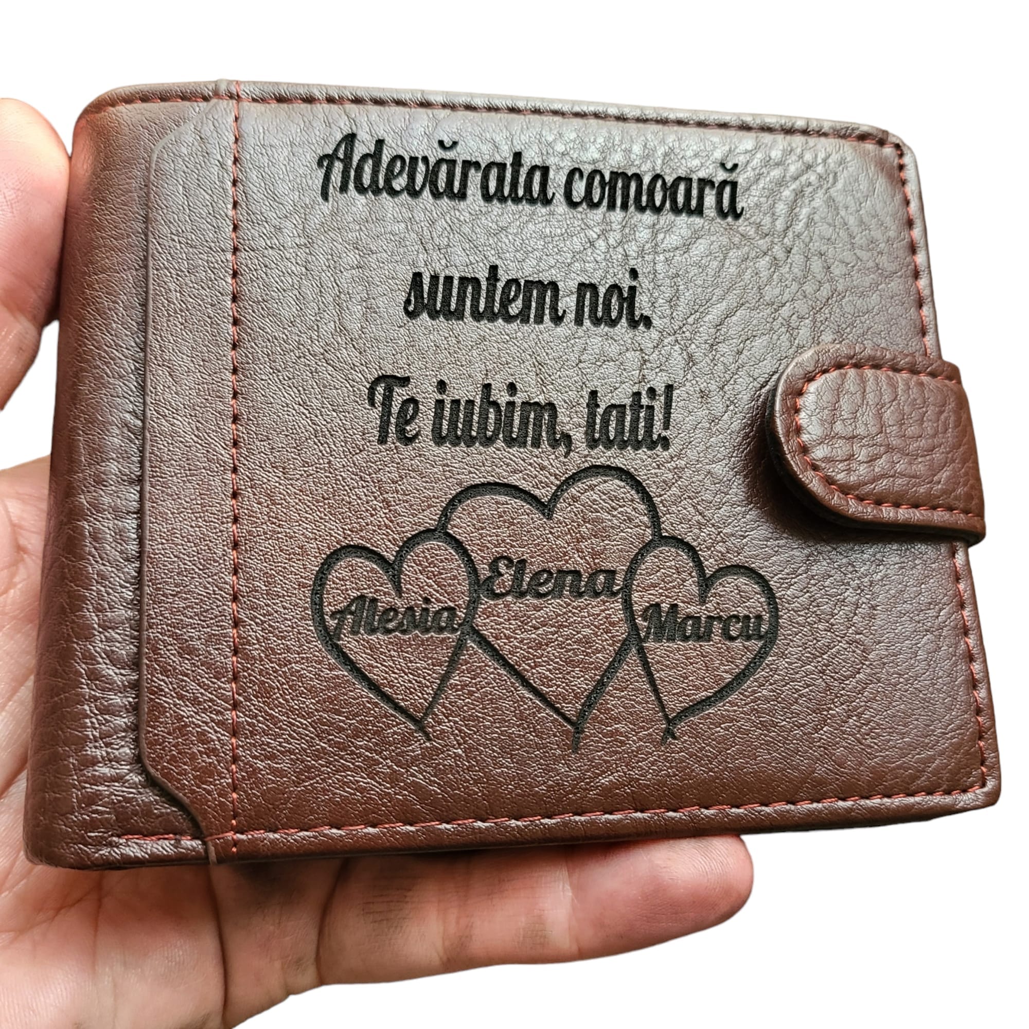 Portofel piele maro cu capsa personalizat Adevarata comoara