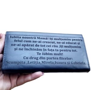 Portofel dama personalizat piele naturala albastru Iubita noastra mama