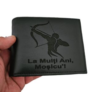 portofel piele naturala negru fara capsa zodia sagetator si text