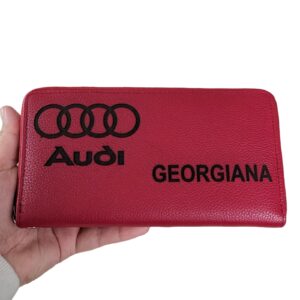 Portofel dama rosu penar piele naturala personalizat cu logo auto si nume