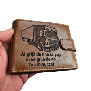 portofel personalizat cu tir maro coniac Ai grija