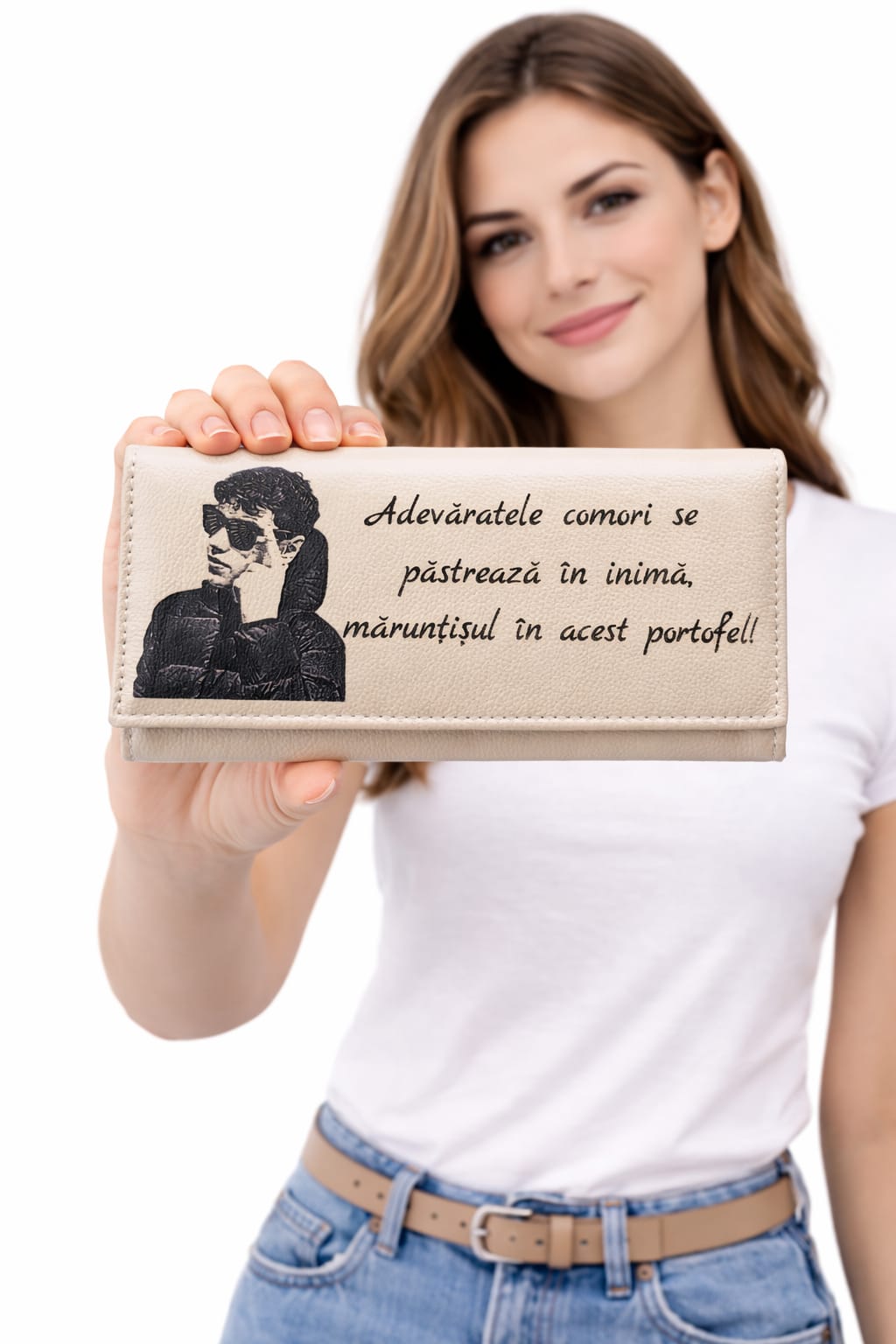 portofel damă personalizat cu poză și text gravat laser